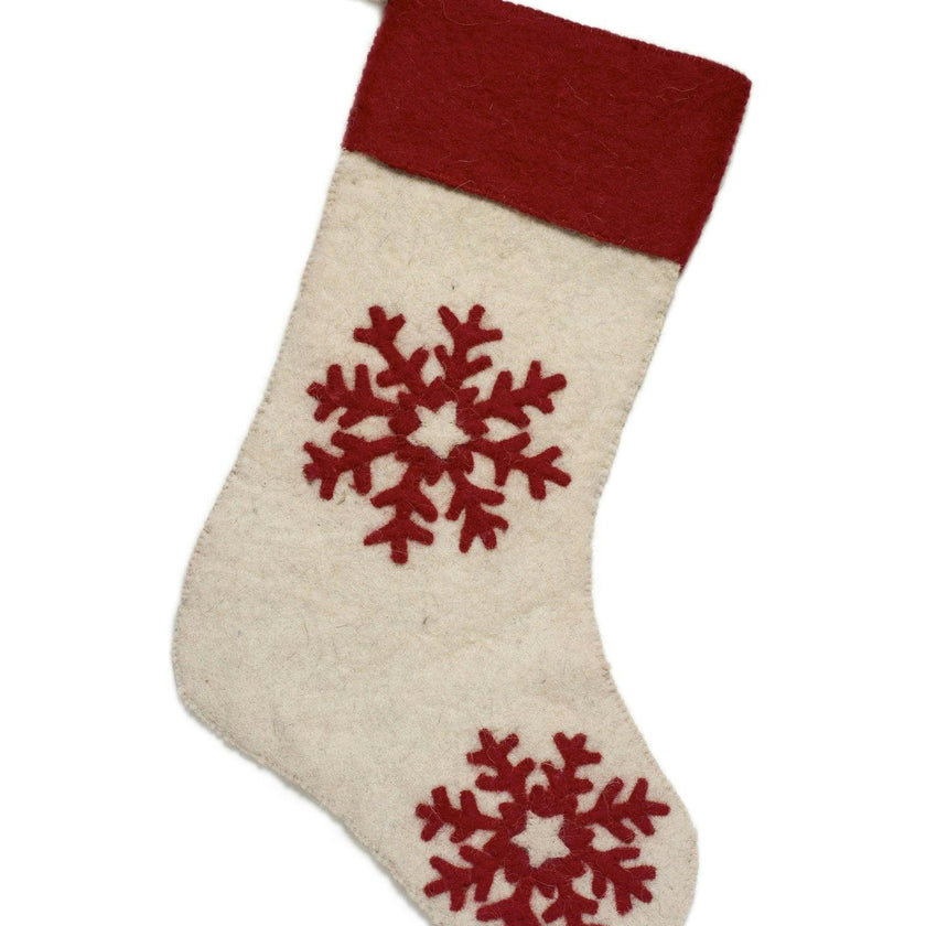 Hand Felted Wool Christmas Stocking Red Snowflakes Cream Arcadia Home