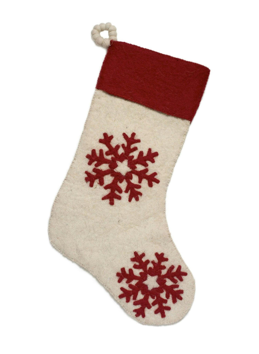 Hand Felted Wool Christmas Stocking Red Snowflakes Cream