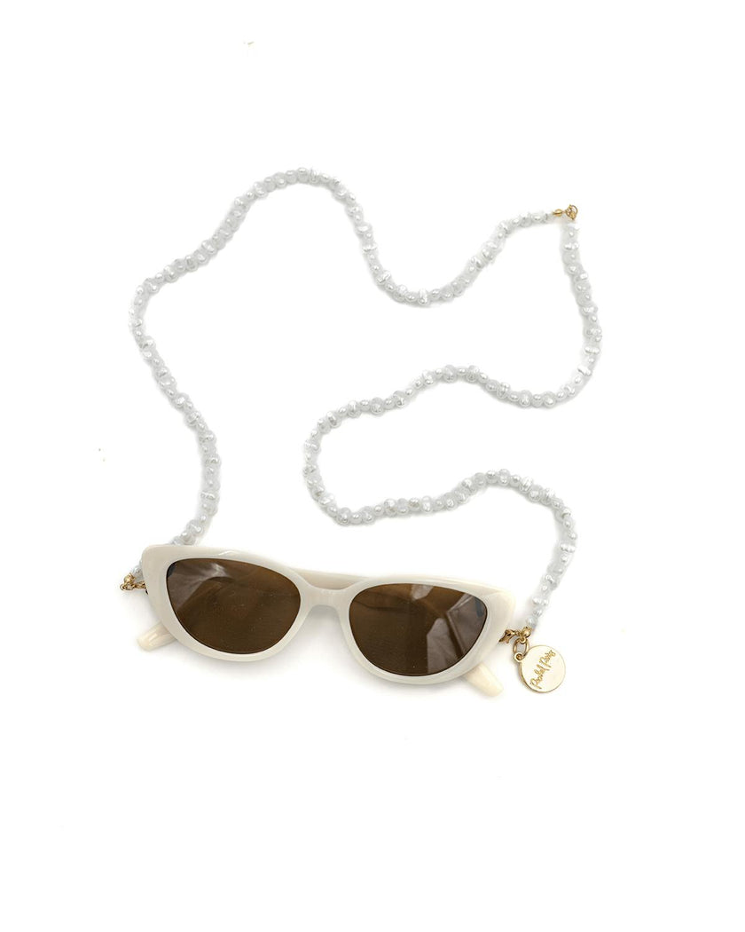 Packed Party Sunny Daze Cat Eye Sunglasses and Pearl Shell Chain Set – White Cat Eye with Freshwater Pearl Chain, 1.75x5.75 Inch Sunglasses with 31.5 Inch Chain