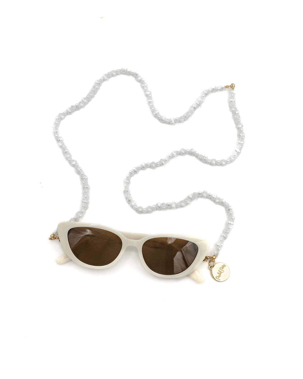 Packed Party Sunny Daze Cat Eye Sunglasses and Pearl Shell Chain Set – White Cat Eye with Freshwater Pearl Chain, 1.75x5.75 Inch Sunglasses with 31.5 Inch Chain