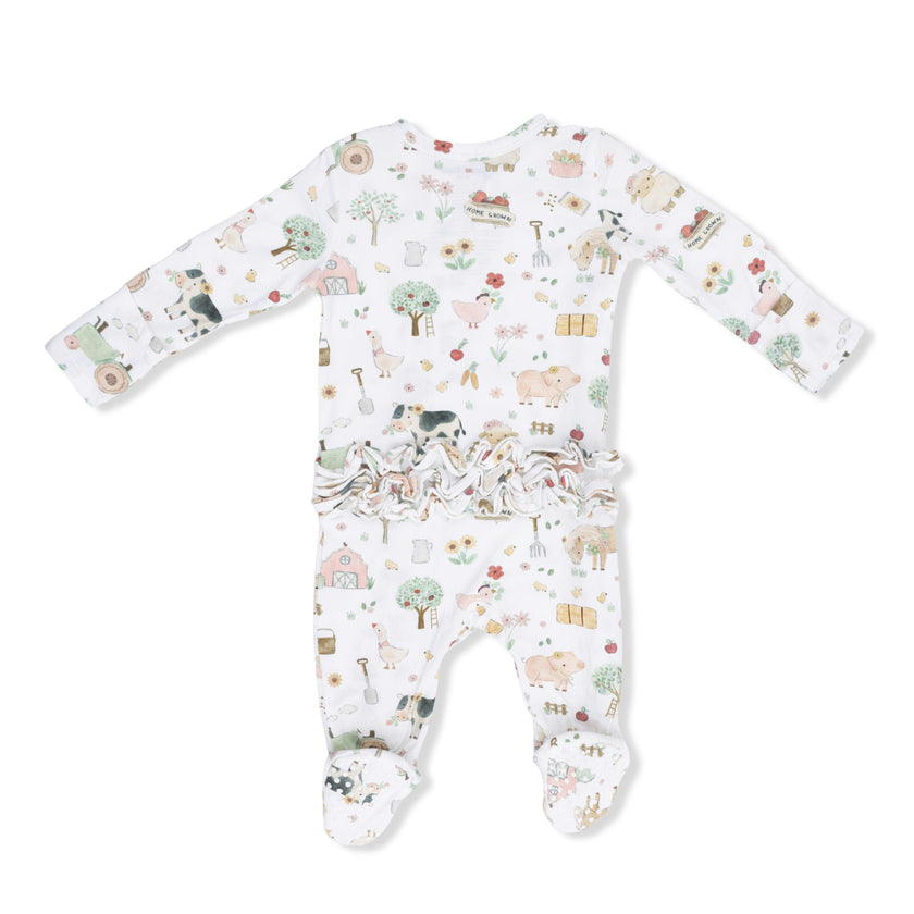 Cute Farm Animals Pink - 2 Way Ruffle Back Zipper Footie