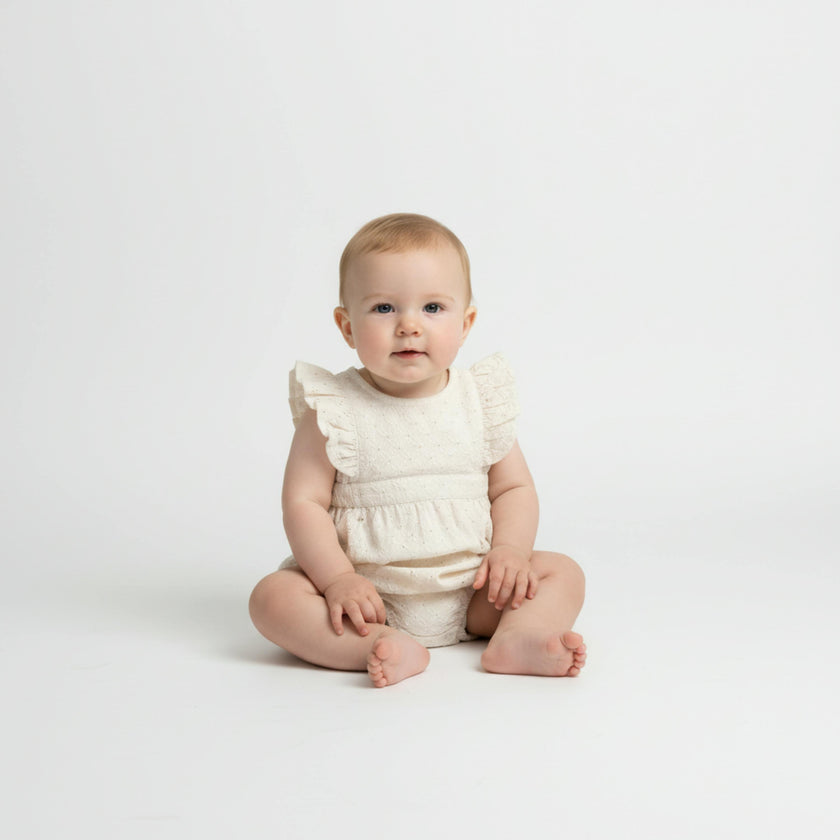 Organic Eyelet Flutter Romper- Ivory Eyelet