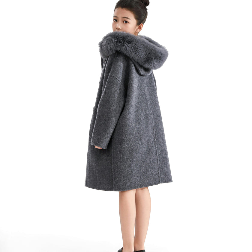 Gray Wool Coat with Faux Fur Hood