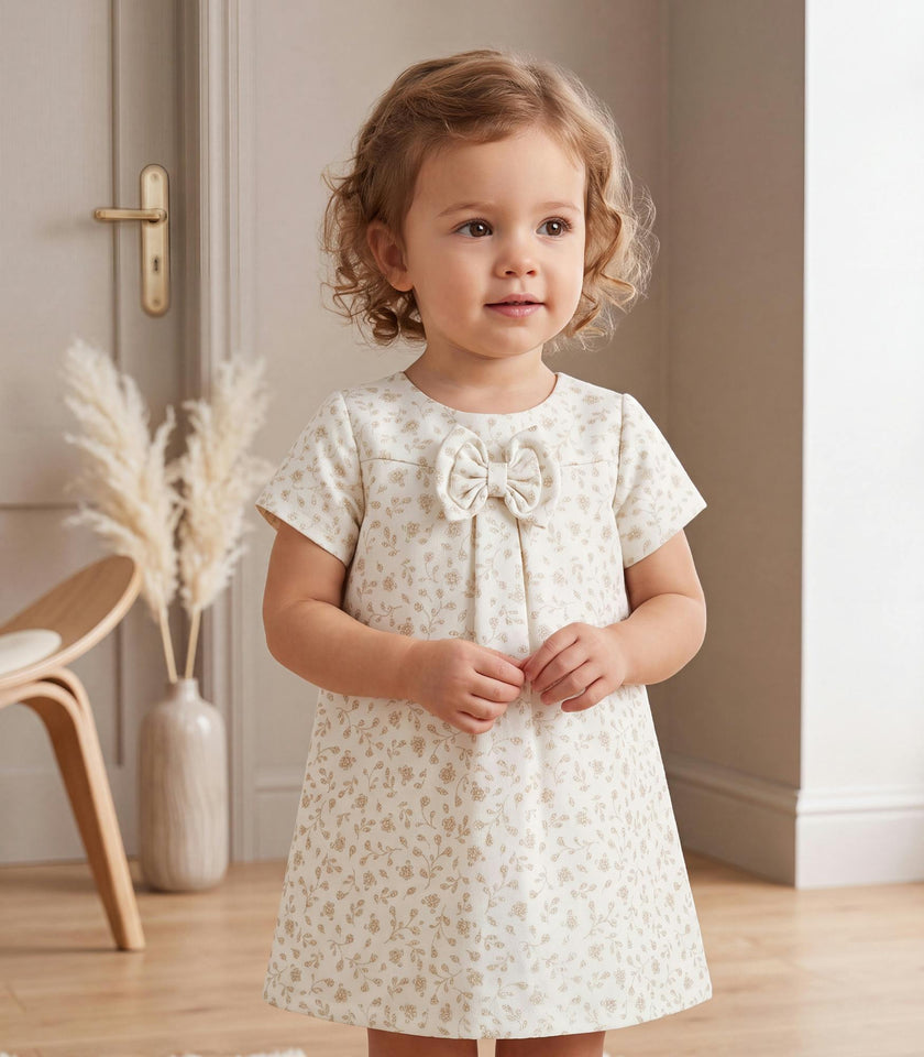 Elsa Baby Dress, French Jacquard - White Gold Lily