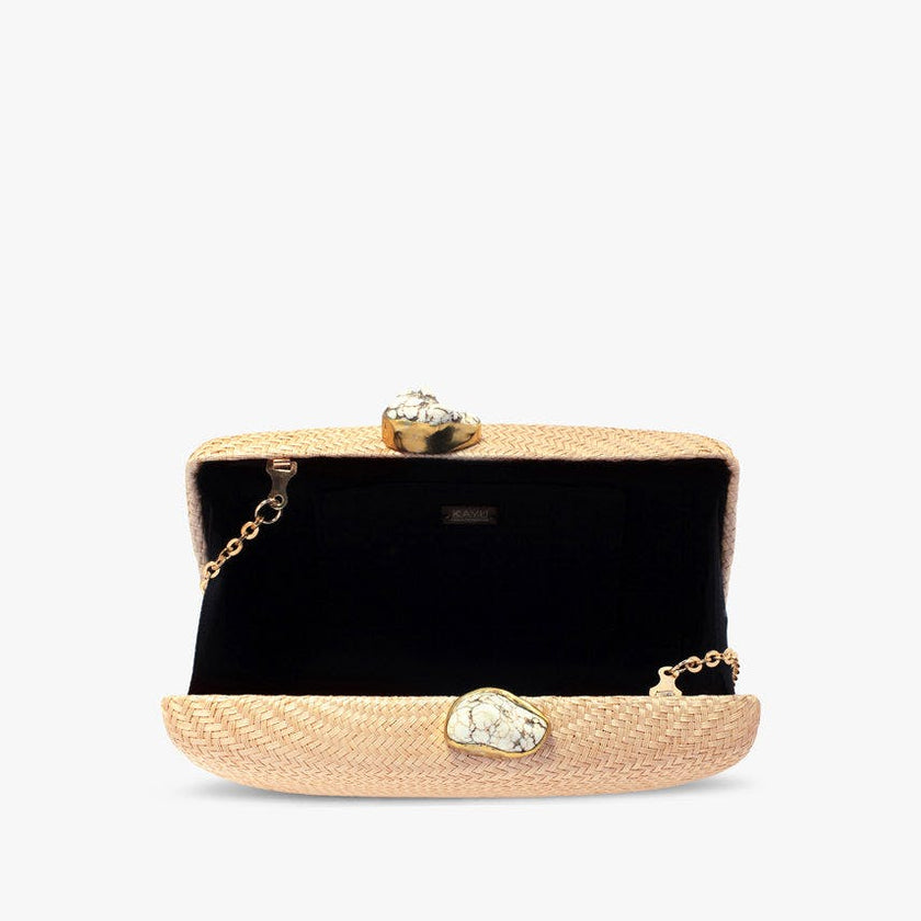 Women's Jen Woven Straw Clutch With White Stones, Toast