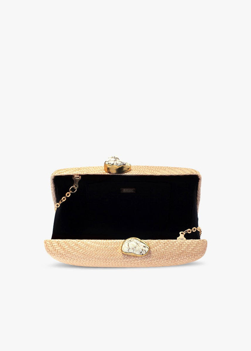 Women's Jen Woven Straw Clutch With White Stones, Toast
