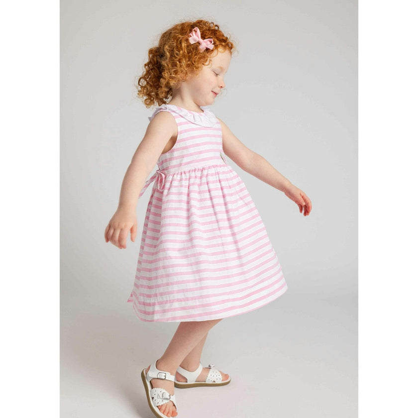 Pink Stripe Dress with Flower and Ruffle Neck
