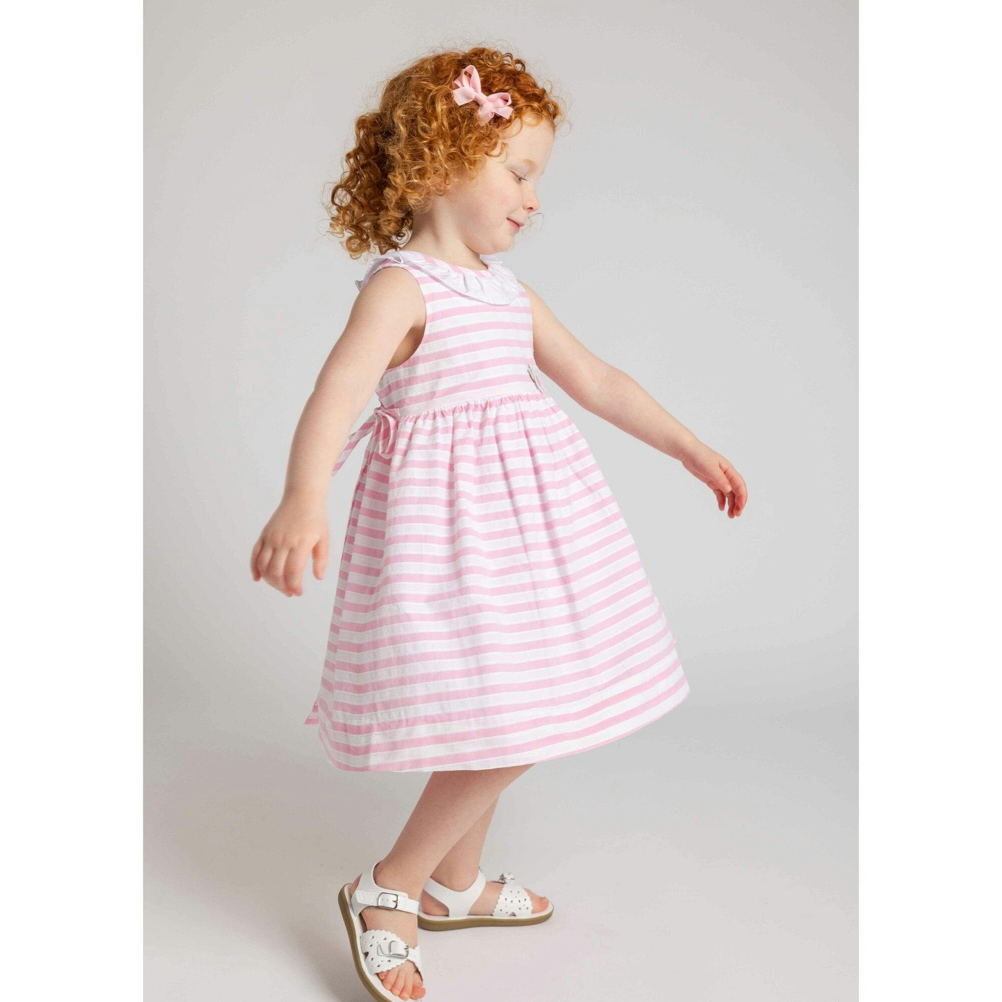 Pink Stripe Dress with Flower and Ruffle Neck