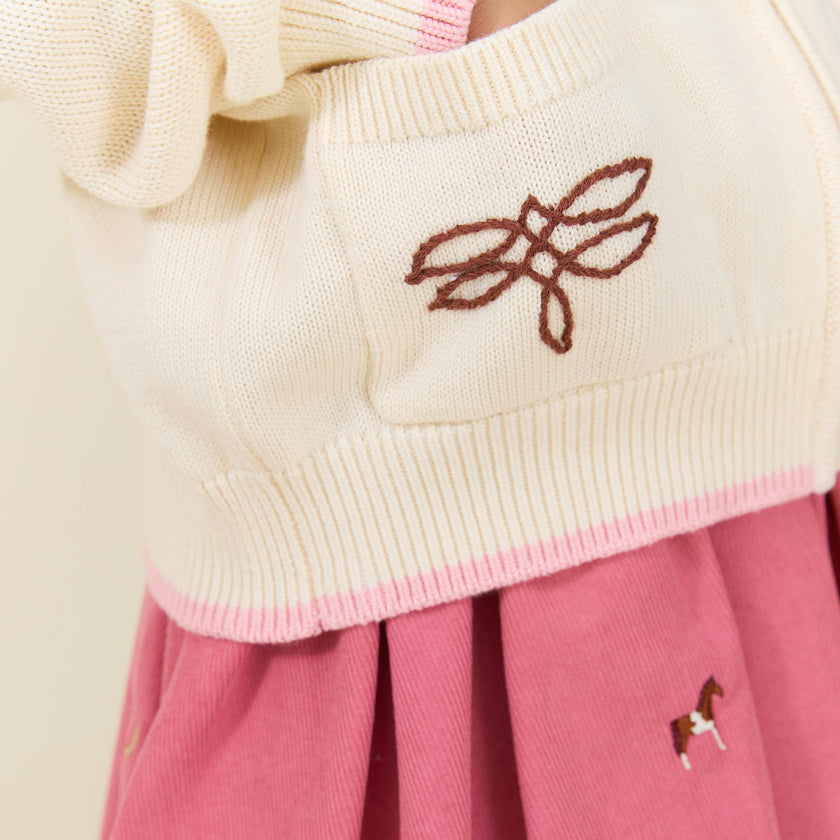 Girls Western Zip Sweater - Cream and Brown