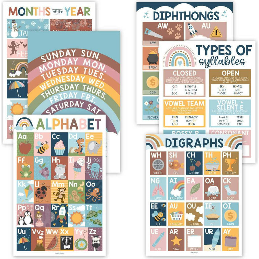 16-Piece Boho Rainbow Prek & Kindergarten Posters & 9-Piece Phonics & Vowels Posters