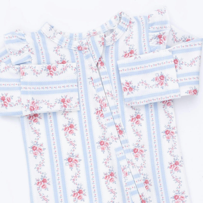 Anna Floral Stripe - 2 Way Ruffle Sleeve Zipper Footie