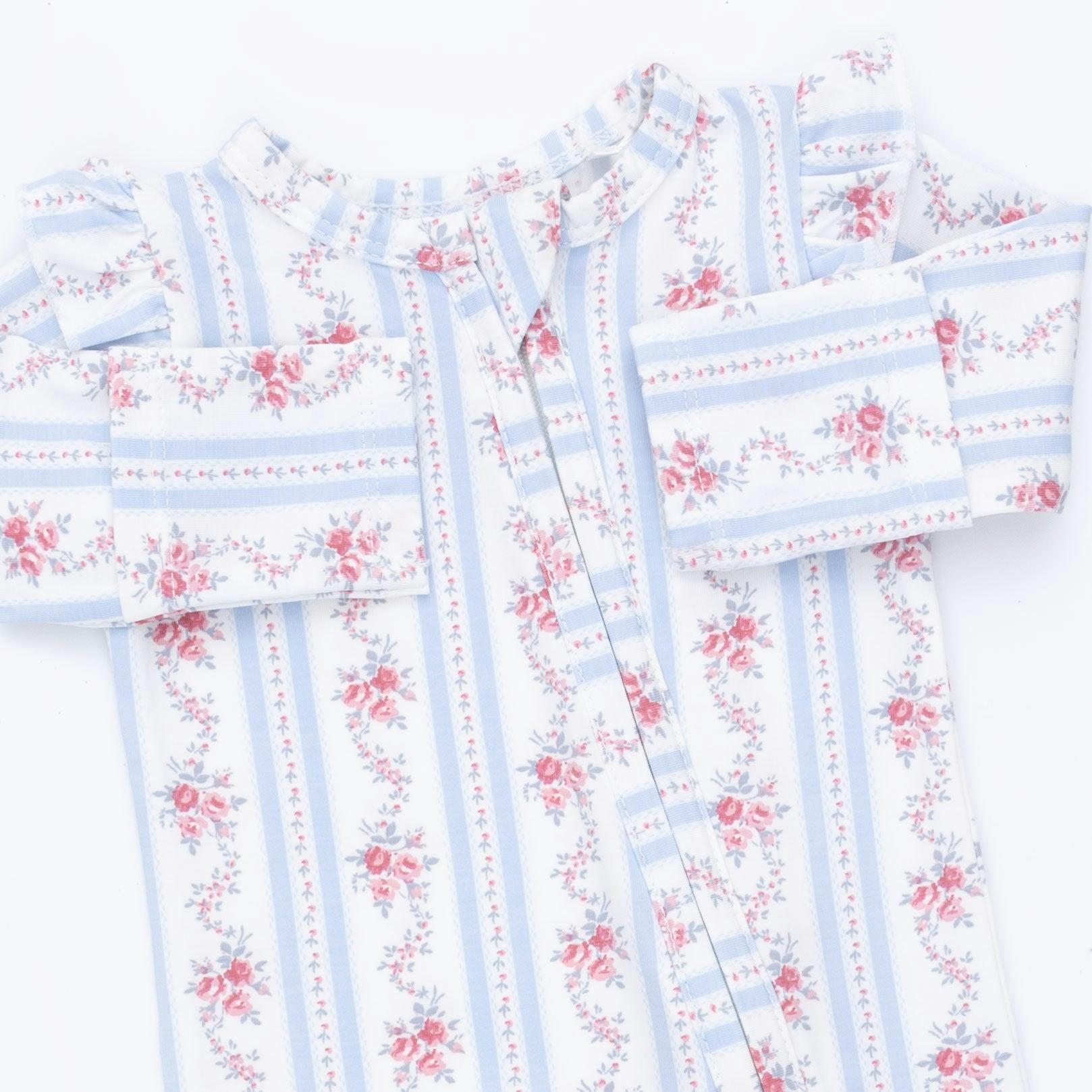 Anna Floral Stripe - 2 Way Ruffle Sleeve Zipper Footie