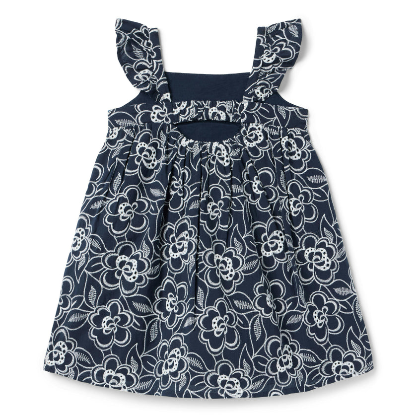 Embroidered Floral Flutter Sleeve Dress, navy blue