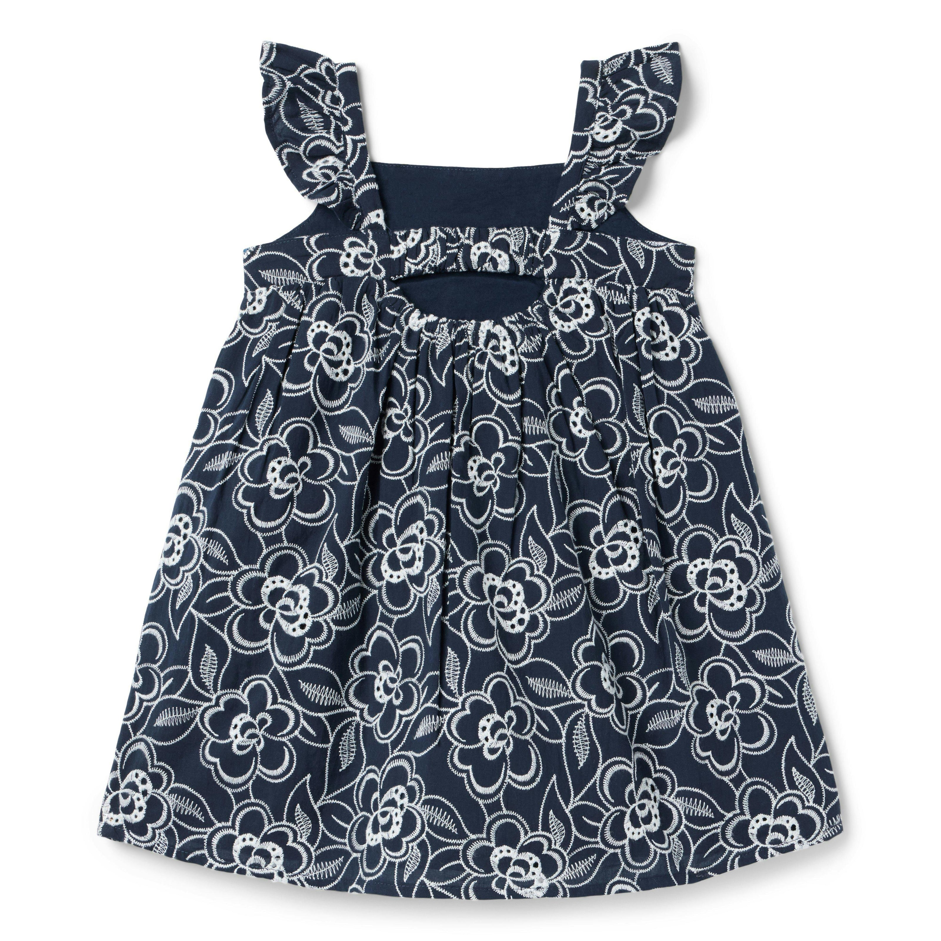 Embroidered Floral Flutter Sleeve Dress, navy blue