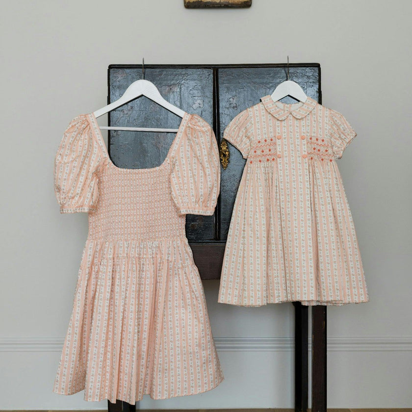 Pink Floral Stripe Arcadia Girl Hand-Smocked Dress