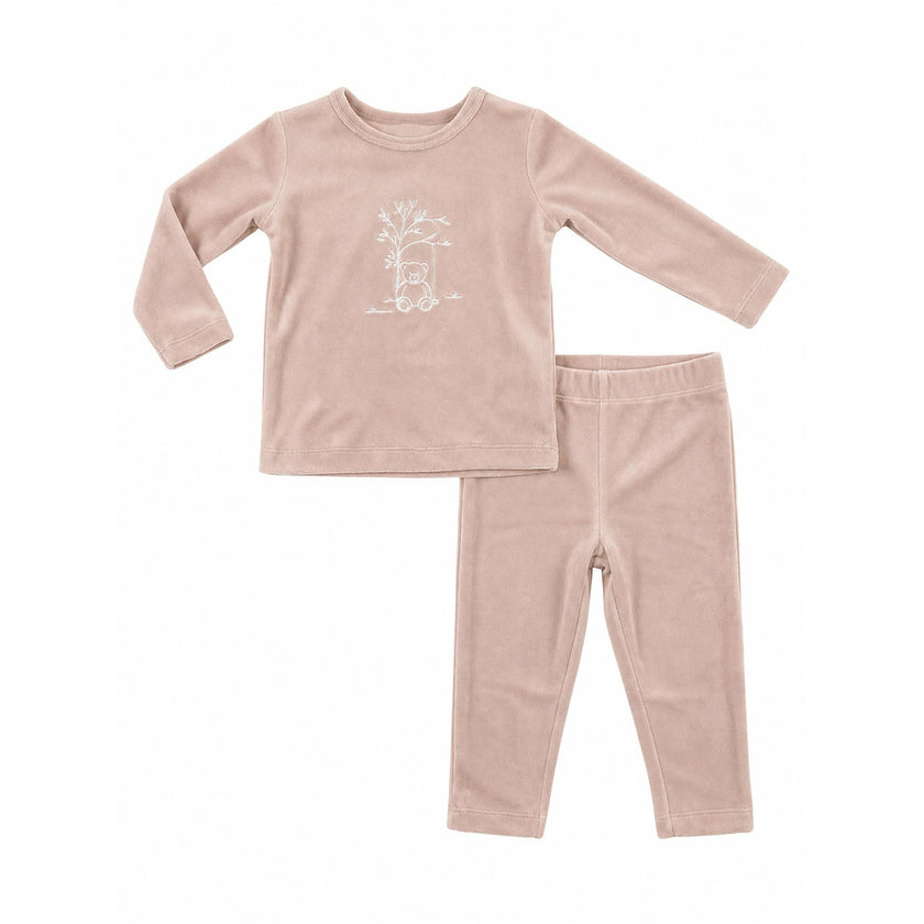 Bear Embroidered Velour Pajama Set