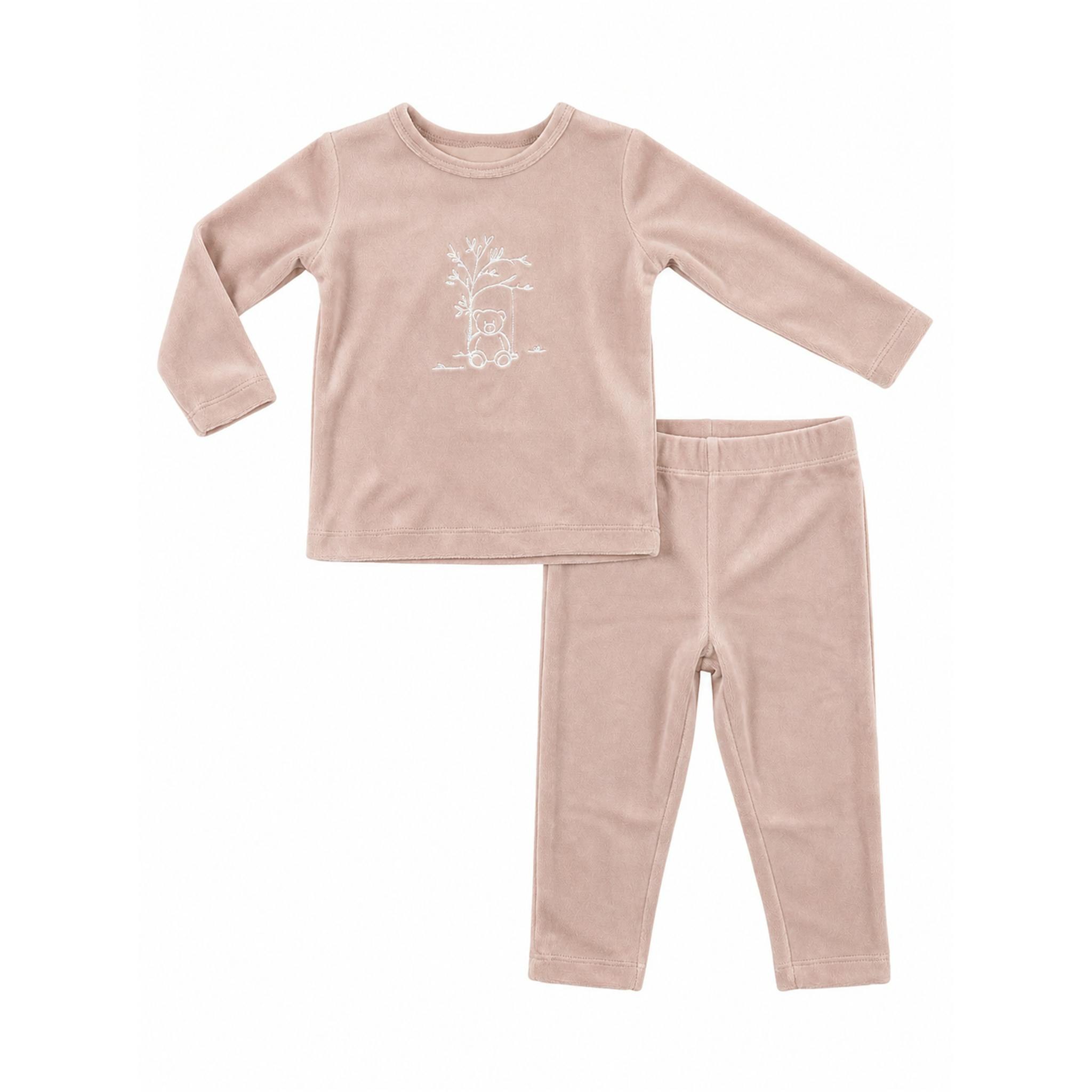 Bear Embroidered Velour Pajama Set
