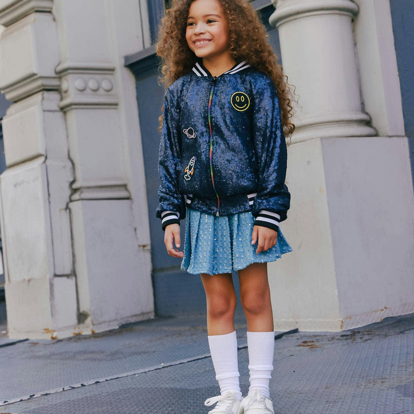 Denim Sparkle Pleated Short Skirt