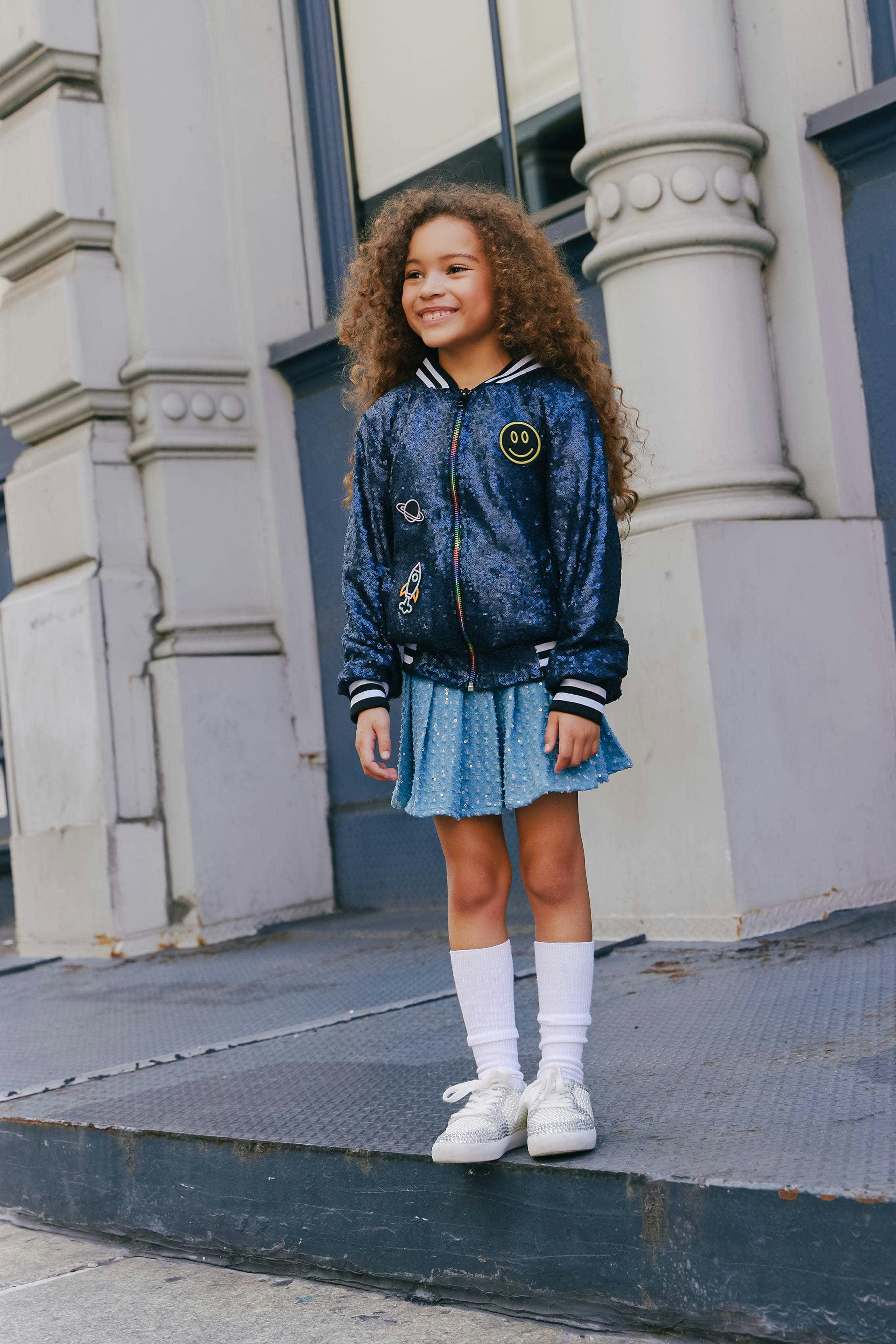 Denim Sparkle Pleated Short Skirt