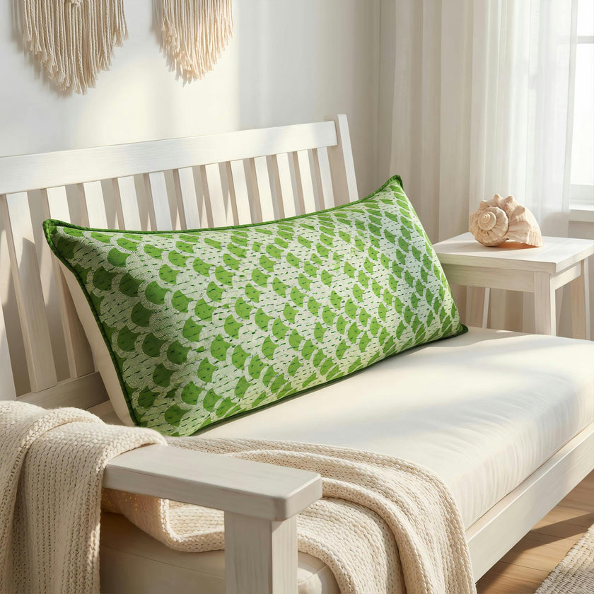 Artisan Hand Loomed Cotton Lumbar Pillow - Green Ginkgo - 16"x48"