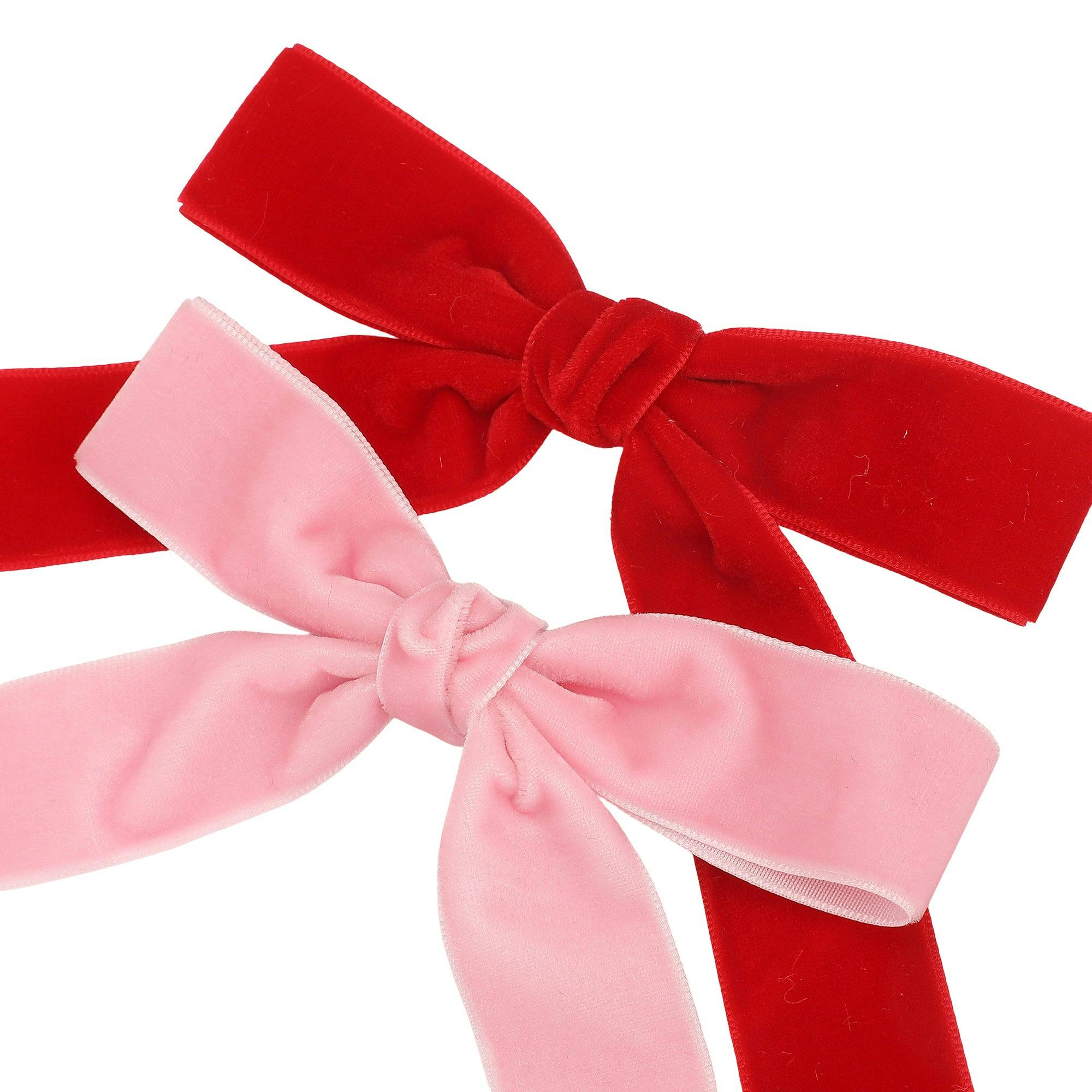 Packed Party Pink and Red Velvet Clip-On Bow Set of 5 - Luxe Velveteen Ribbon Bows with Metal Clip for Napkins Place Settings and Party Favors