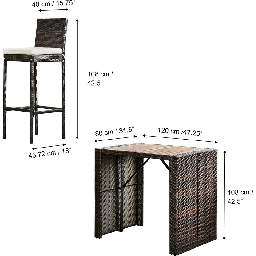 5 Piece Outdoor Bar Height Dining Set With Slat Acacia Wood Tabletop And Woven Weather Resistant Rattan With 4 Bar Stool Chairs And Cushions