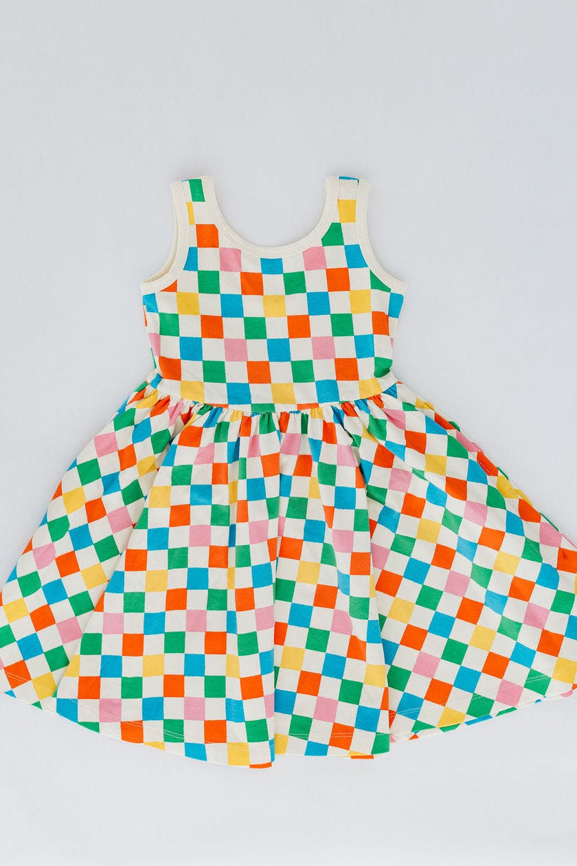 Sleeveless Twirl Dress in Party Checkers
