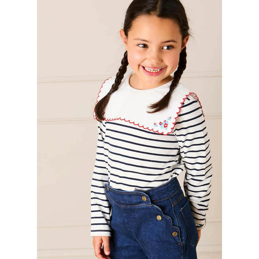 Sailor Stripe Floral Embroidered Mariner Collar Top in White (2-12yrs)