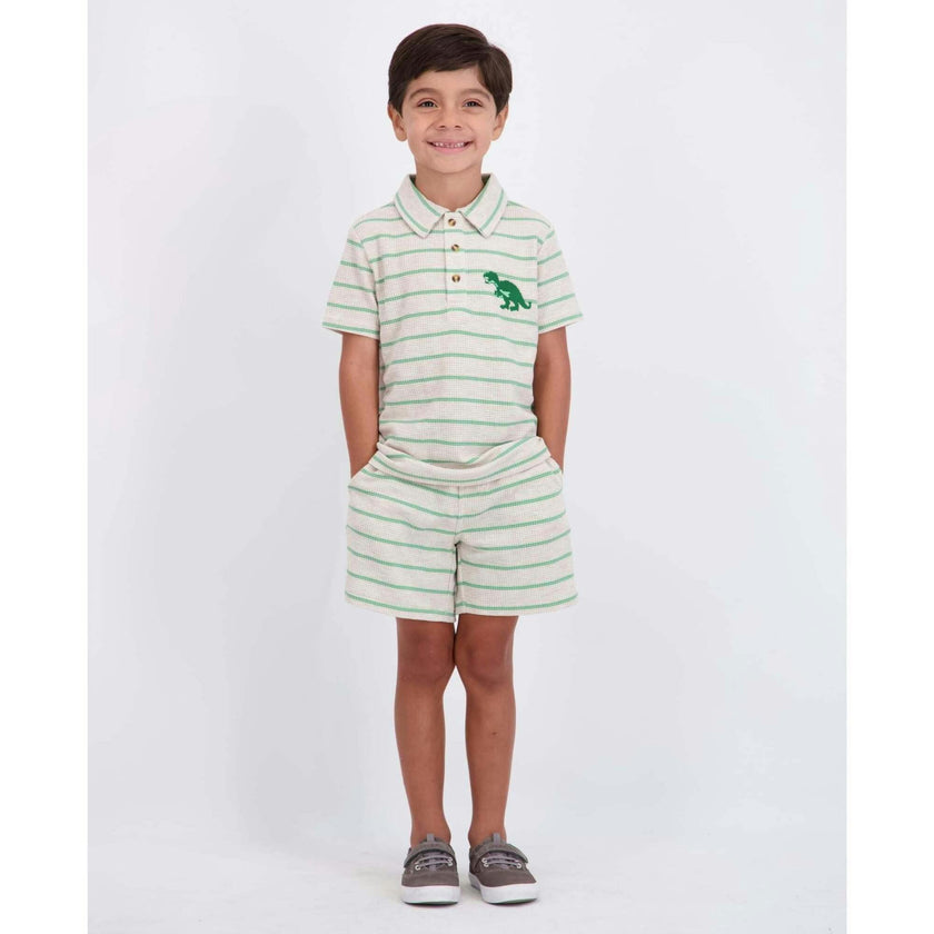Boys Striped Waffle Polo Set | Oatmeal Dino