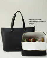 Vegan Leather Work Tote Bag with Removable Insulated Pouch, Black