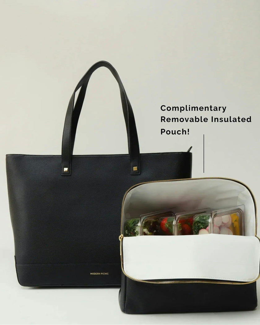 Vegan Leather Work Tote Bag with Removable Insulated Pouch, Black