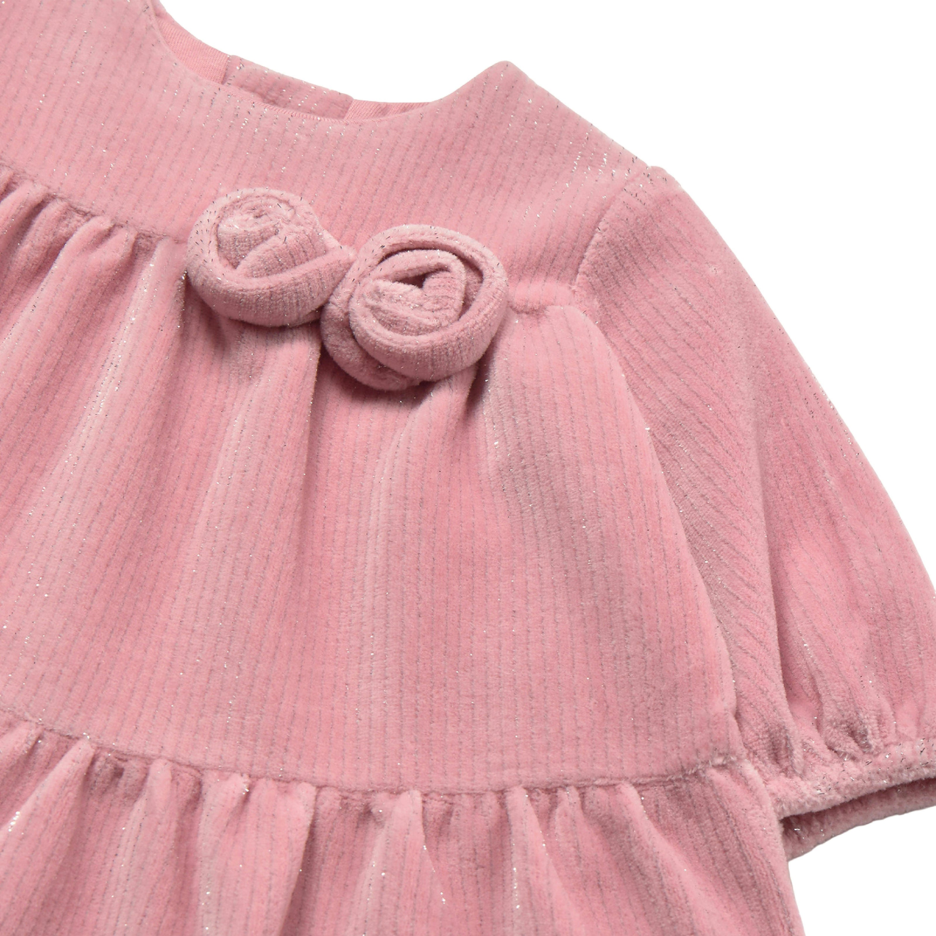 Pink Velvet  Dress with Rosette Accents