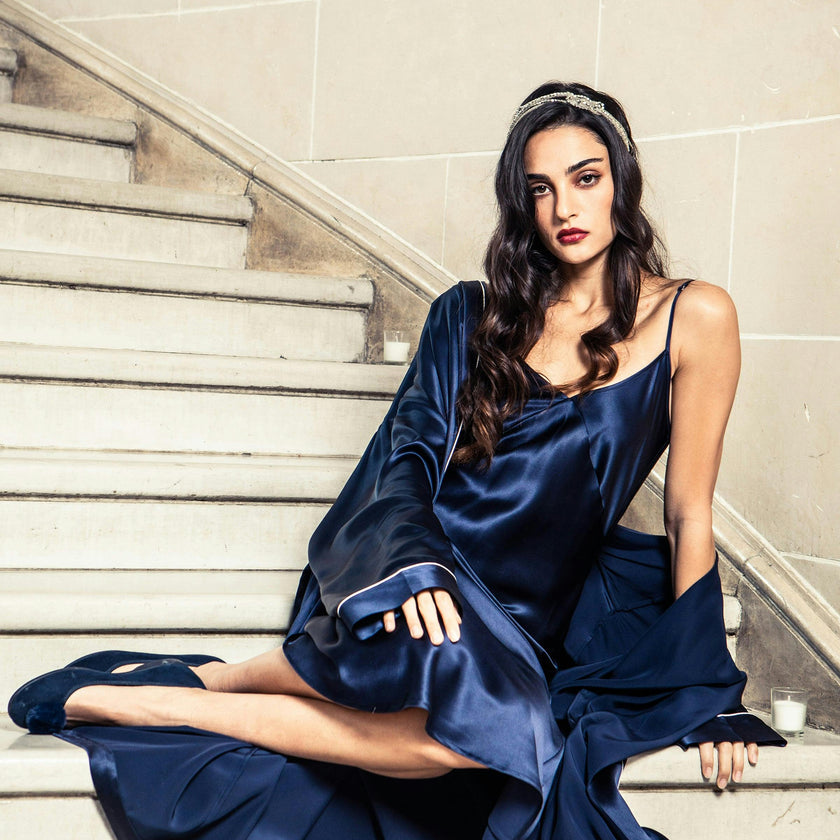 Women's Silk Long Robe in Navy