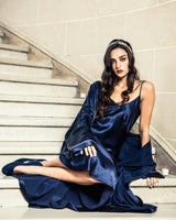 Women's Silk Long Robe in Navy
