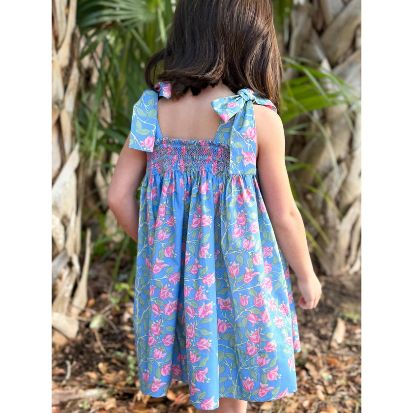 Loblolly Dress in Blue with Pink Bougainvillea