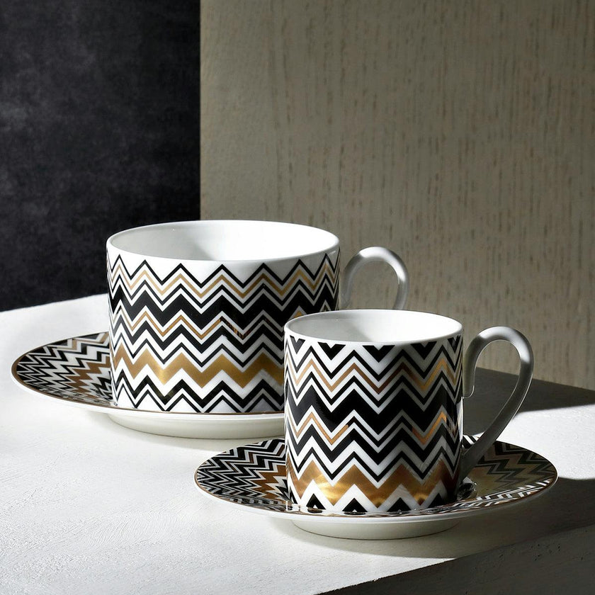 Tea Cup & Saucer ZIG ZAG Set of 2 in Luxury Box Gold diam. 3.3", H 2.3", cap. 7.5 oz, Saucer diam. 6"