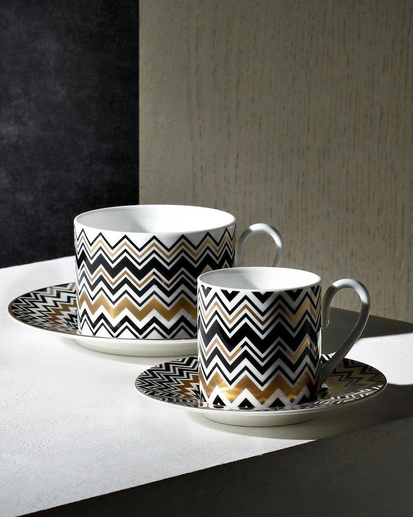 Tea Cup & Saucer ZIG ZAG Set of 2 in Luxury Box Gold diam. 3.3", H 2.3", cap. 7.5 oz, Saucer diam. 6"