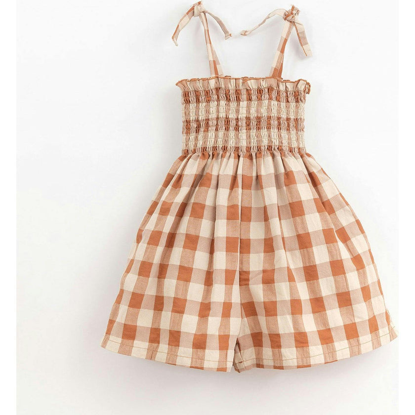 Tie Straps Cinched Bodice Checked Romper