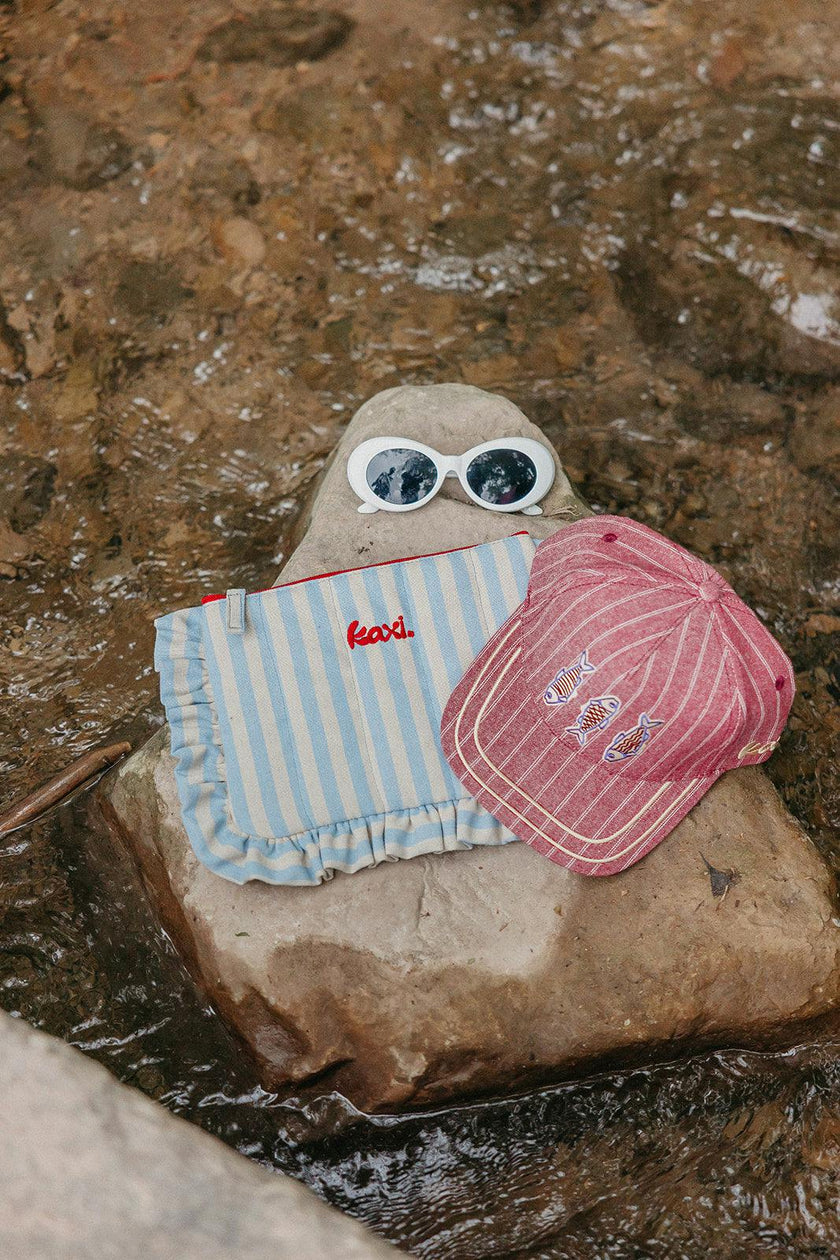 BABY BLUE DENIM STRIPED COSMETIC BAG WITH STAR CHARM