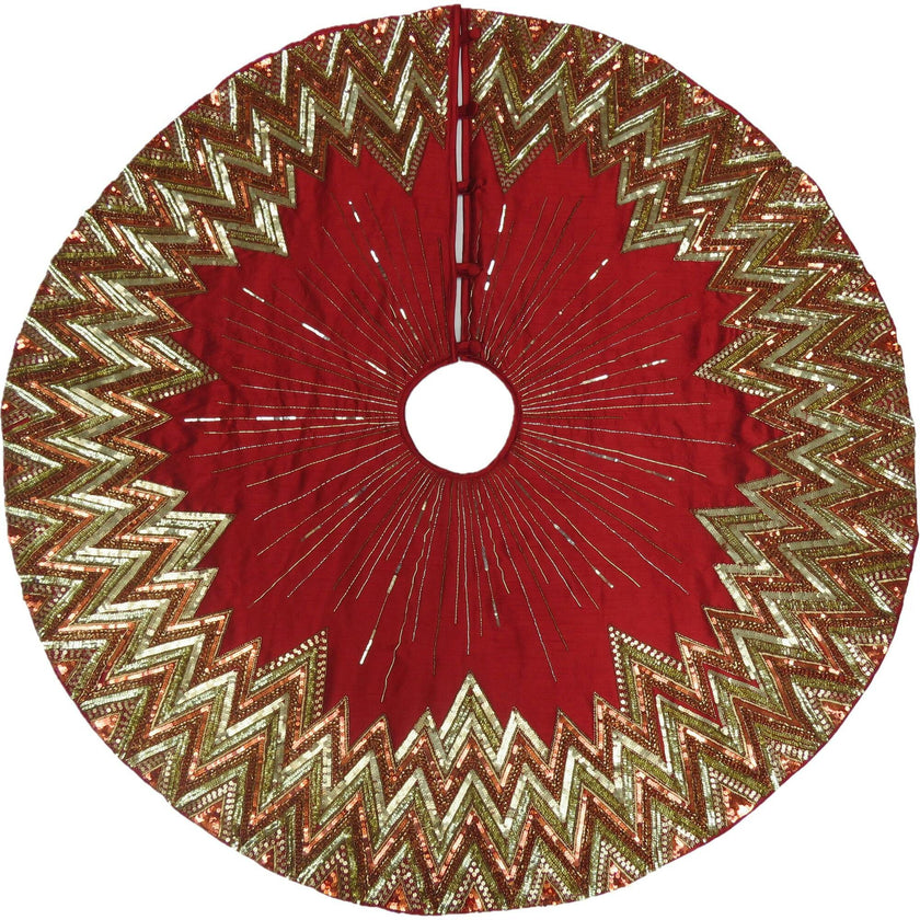 Hand Beaded Metallic Starburst Garnet Red Christmas Tree Skirt 60"