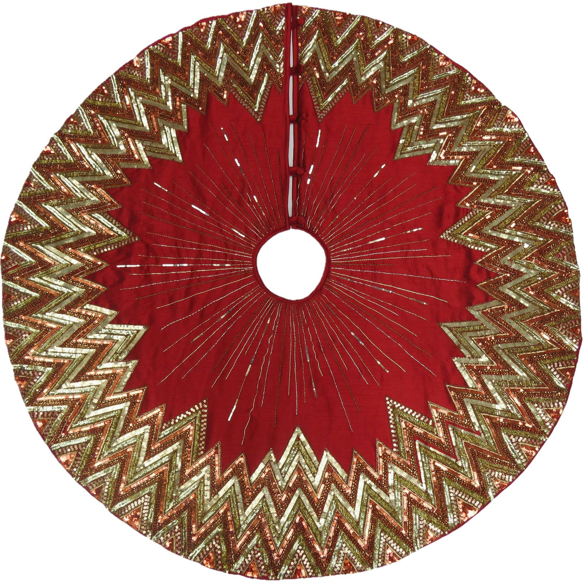 Handmade Christmas Tree Skirt - Hand Beaded Metallic Starburst on Garnet Red- 60