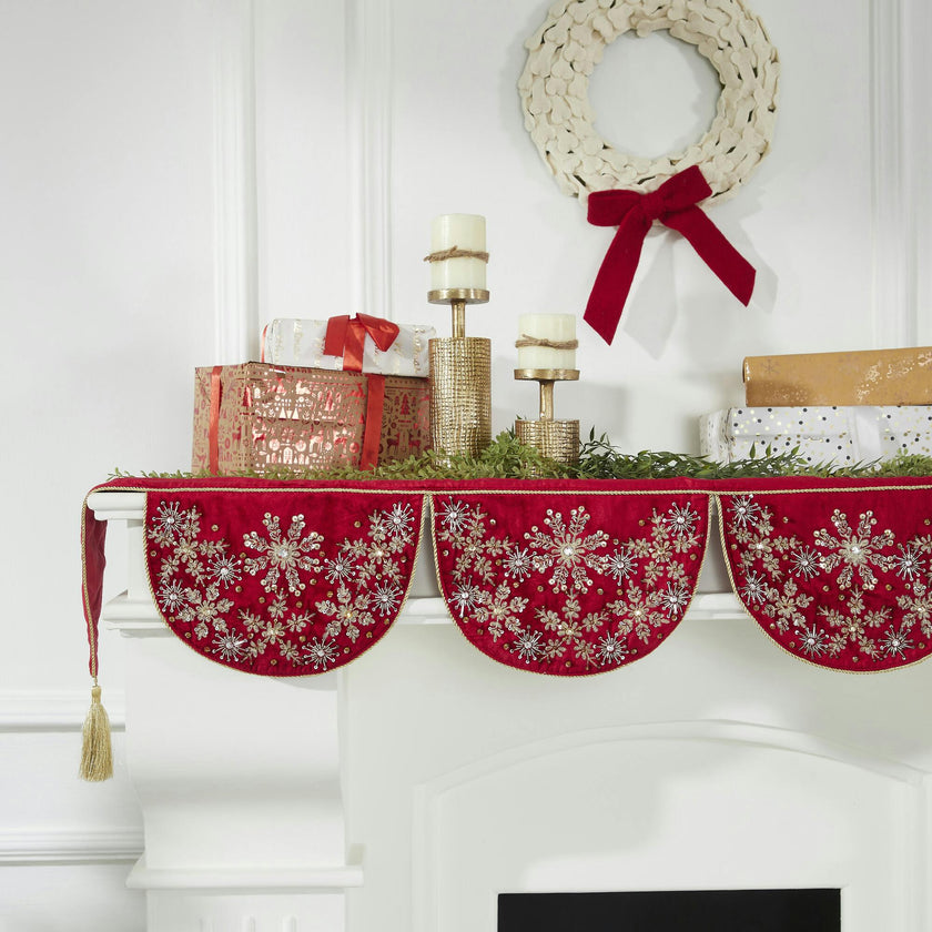 Red Velvet Mantel Scarf Hand Beading and Crewel Embroidery - 72"