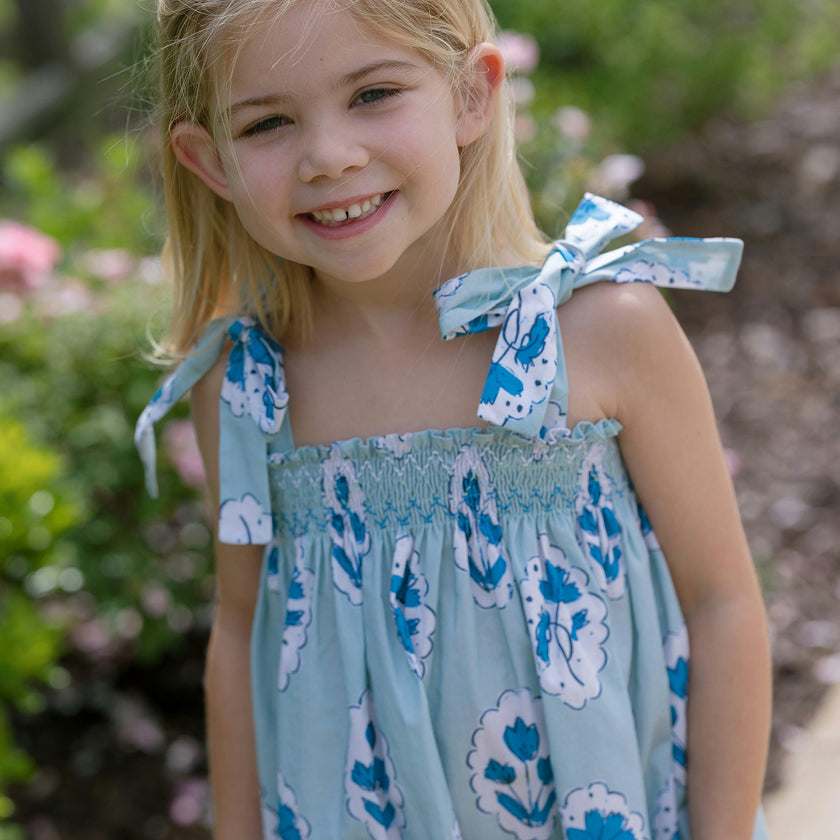 Teatime Dress | Smocked Tie Top | Medallion Flower Blue