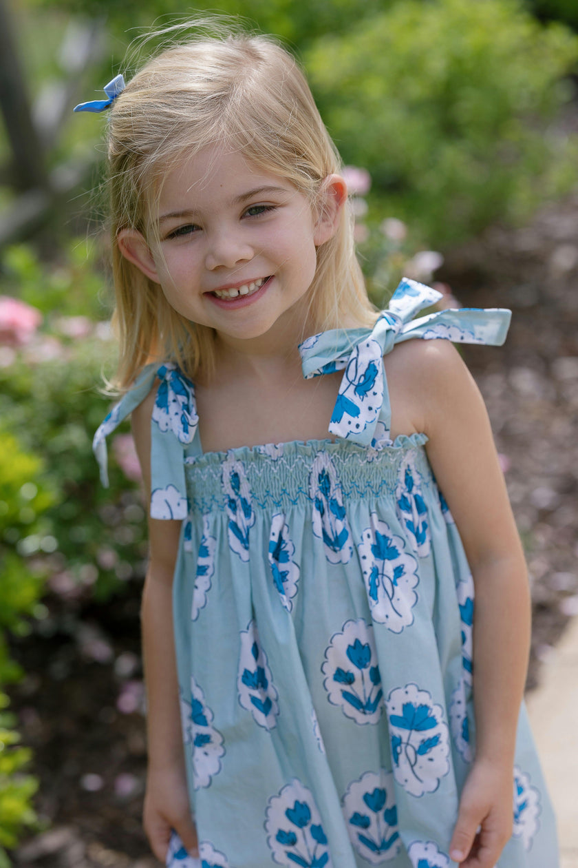 Teatime Dress | Smocked Tie Top | Medallion Flower Blue
