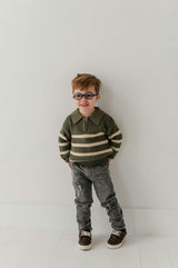 Boys Striped Zip Up Sweater in Woodland Moss Stripe