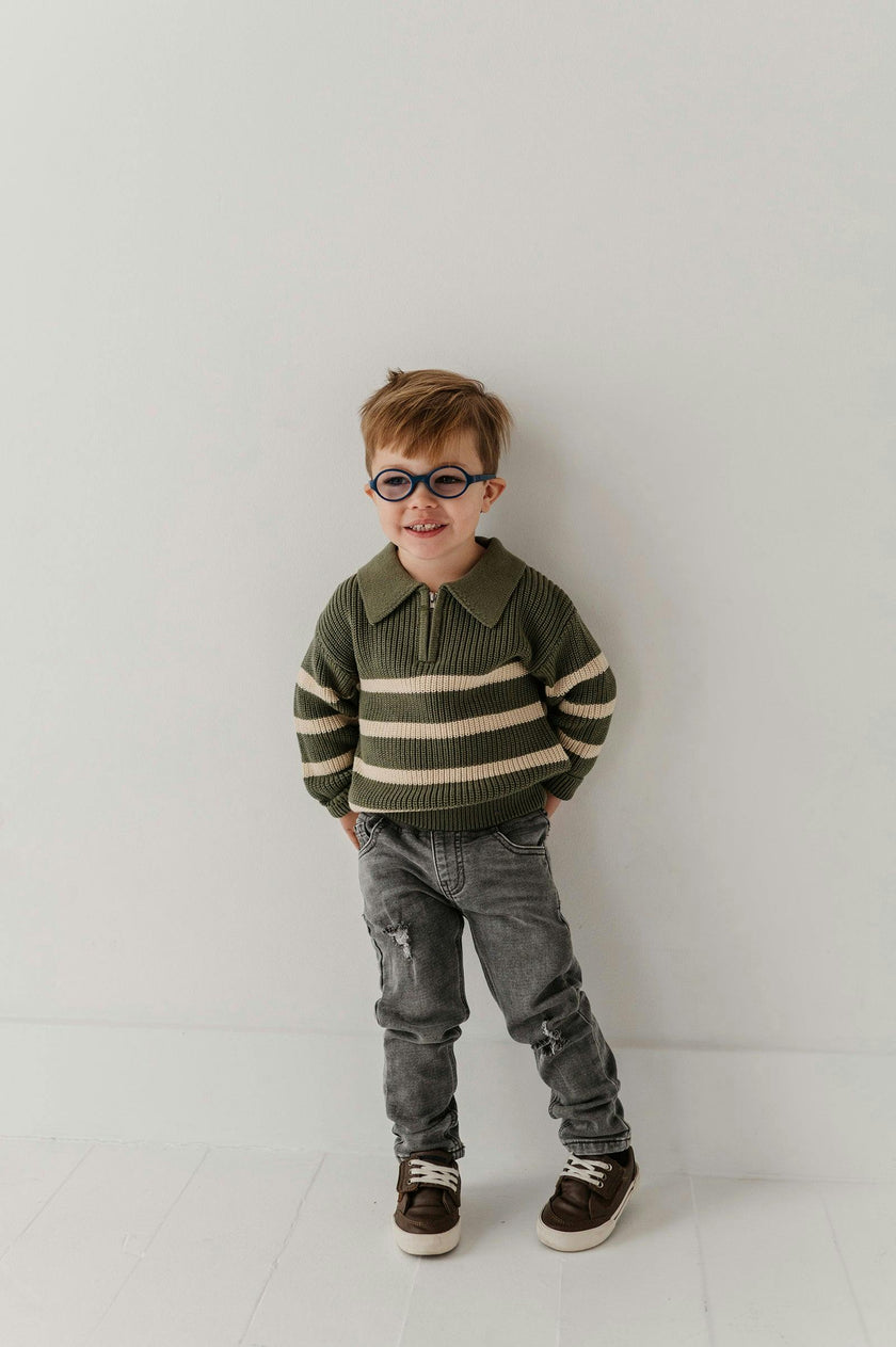Boys Striped Zip Up Sweater in Woodland Moss Stripe