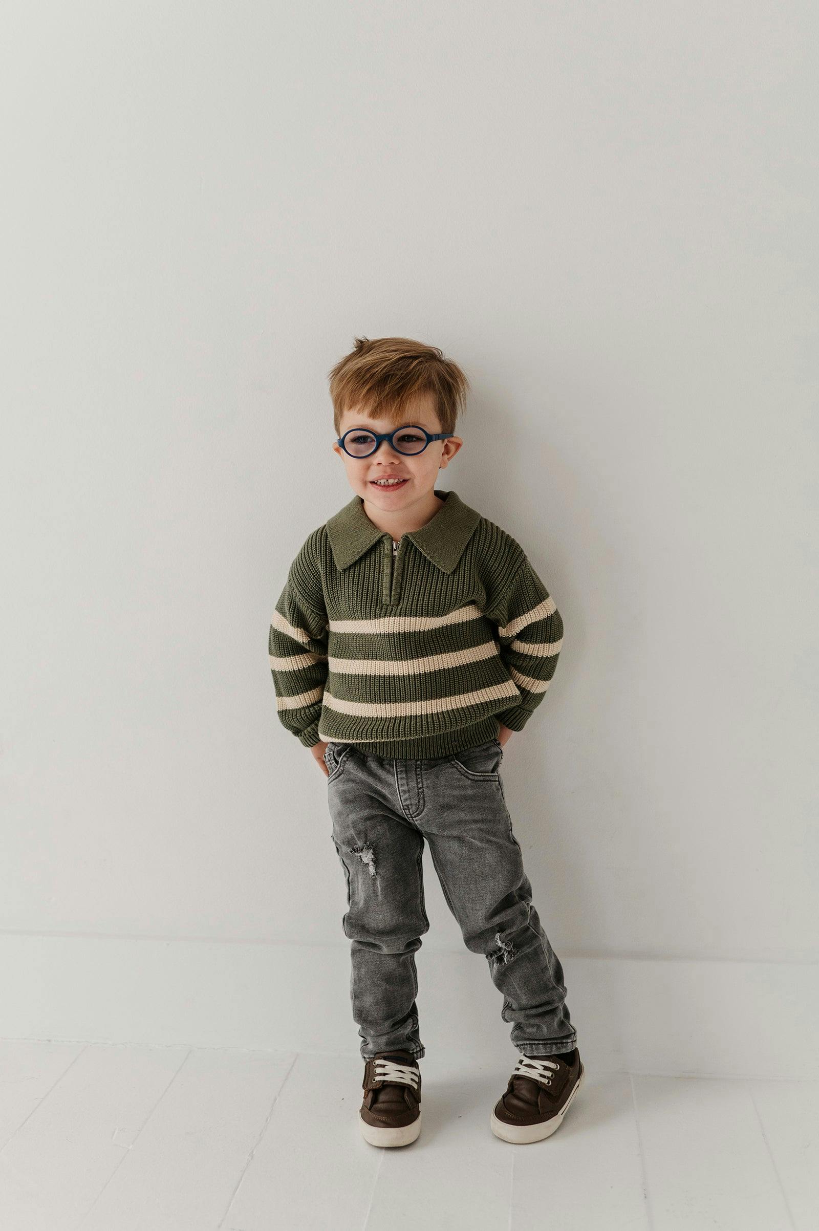 Boys Striped Zip Up Sweater in Woodland Moss Stripe