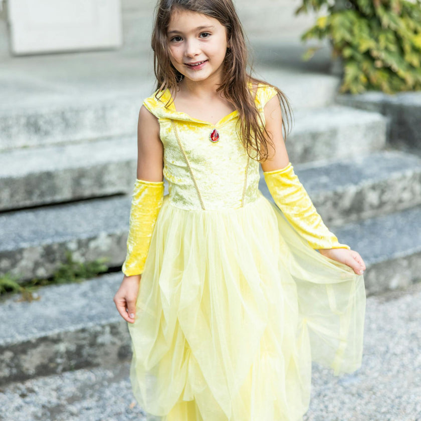 Velvety Soft Yellow Princess Gown with Arm Warmers