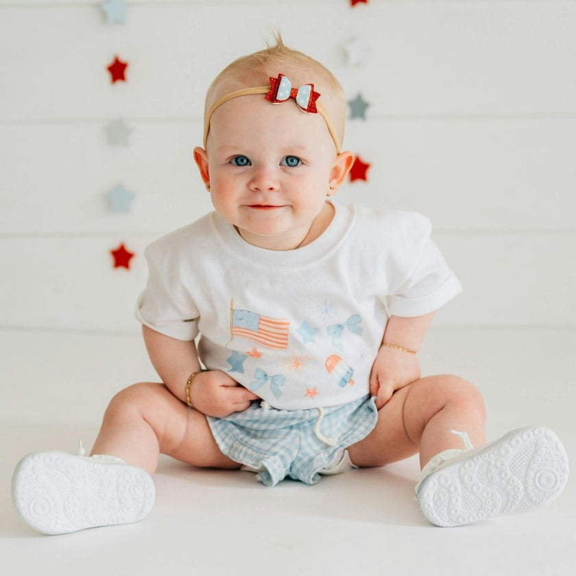 Patriotic Watercolor Short Sleeve Romper - White