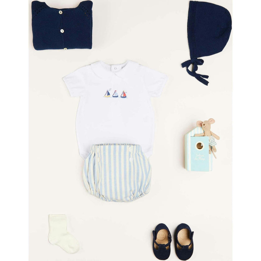 Embroidered Boat Motif Peter Pan Collar Bodysuit in White (1mth-3yrs)